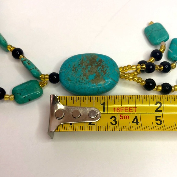 Blue Turquoise And Onyx Gemstone Bead Necklace 28” Long - Picture 6 of 6